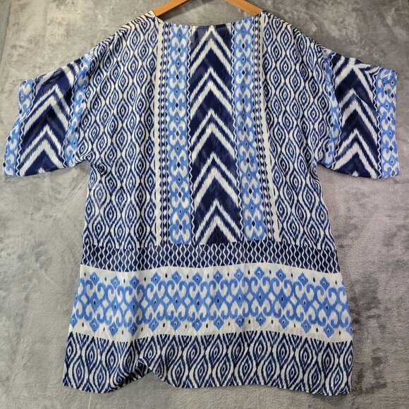 Chico’s Women’s‎ S Top Blue White Ikat Boho Relaxed Fit Lagonlook Layered Sheer - Picture 7 of 11